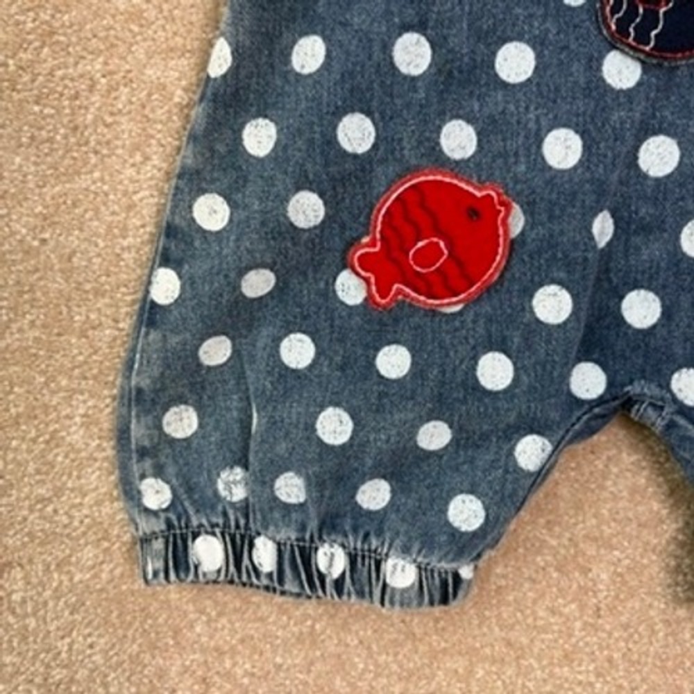 VINTAGE MONAROSETTA Overalls 12M 12 Months Blue Polka Dot Bear Denim Romper - Picture 3 of 6